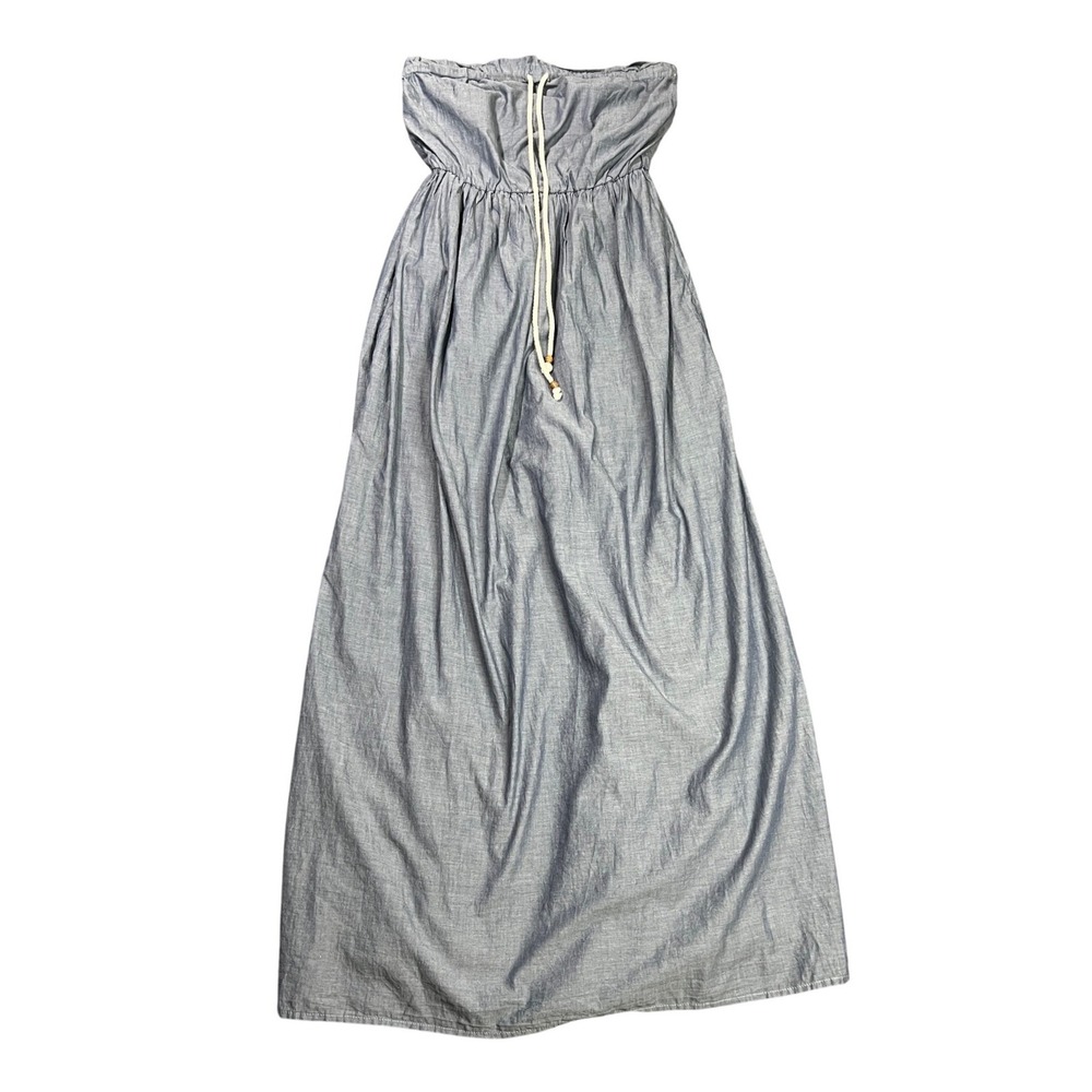Gap Women's XS Blue Cotton Chambray Strapless Maxi Nautical Dress Pockets 140370